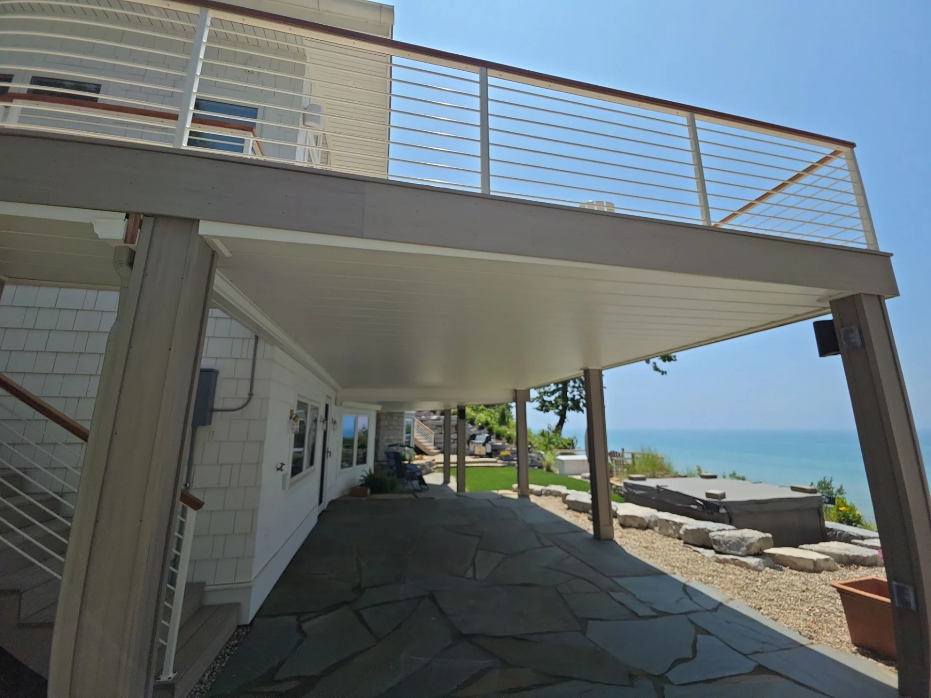 Rustic Champagne ceiling above a patio overlooking Lake Michigan